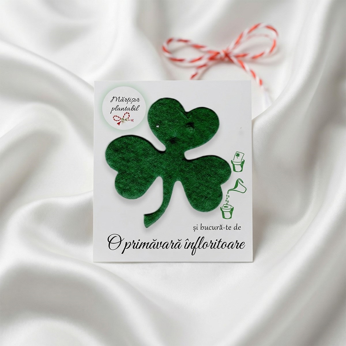 Mărțișor plantabil cu figurină trifoi verde cu patru foi - Simbol al norocului și primăverii