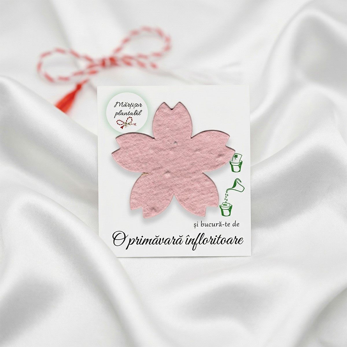 Mărțișor delicat formă floare de cireș roz din hârtie cu semințe