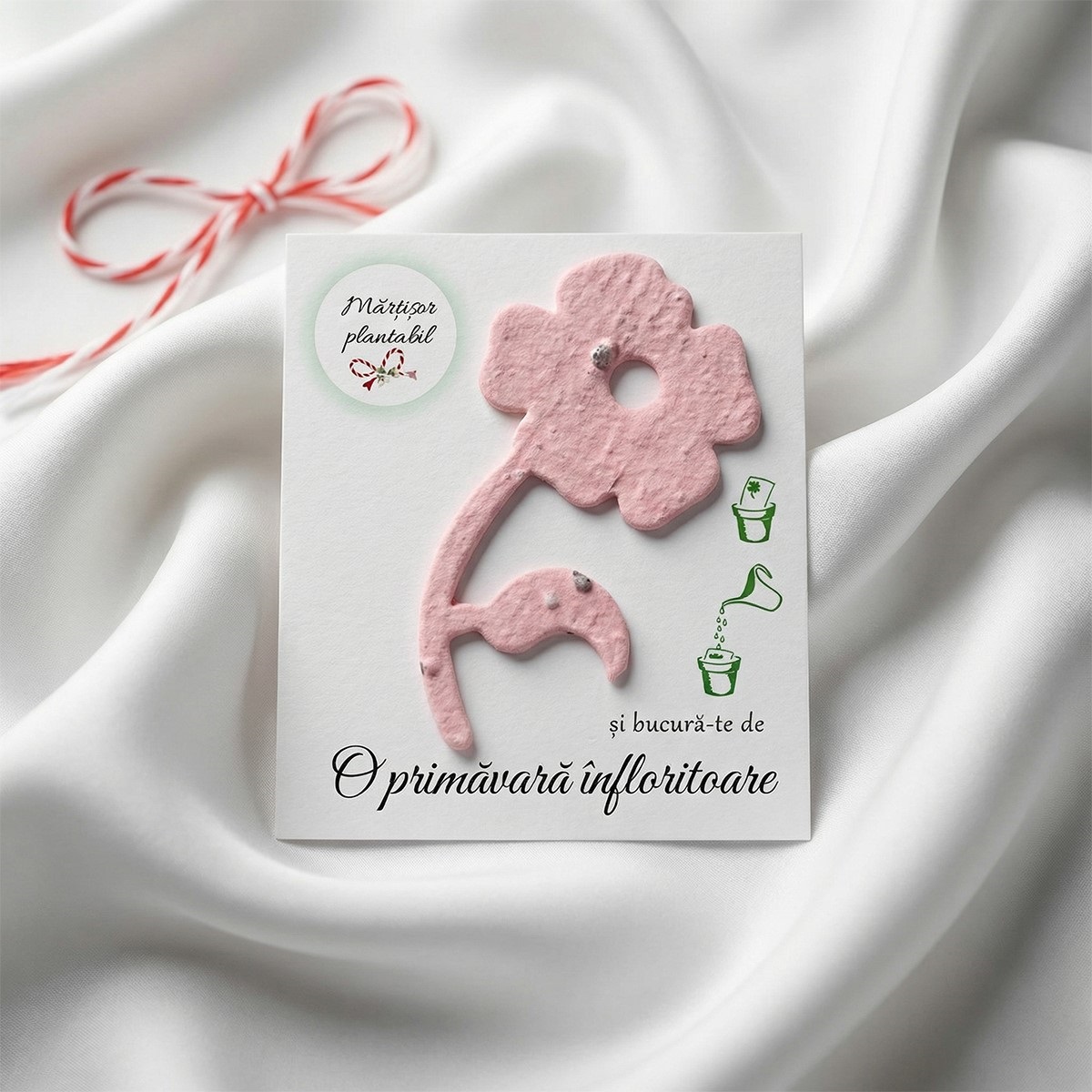 Mărțișor plantabil floare roz vibrant pe suport de carton