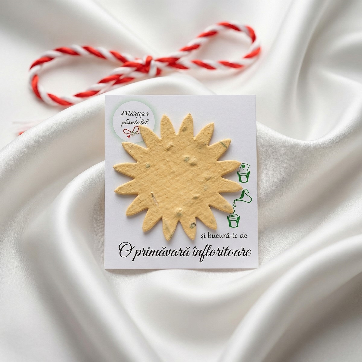 Mărțișor plantabil formă de soare galben cu semințe de flori