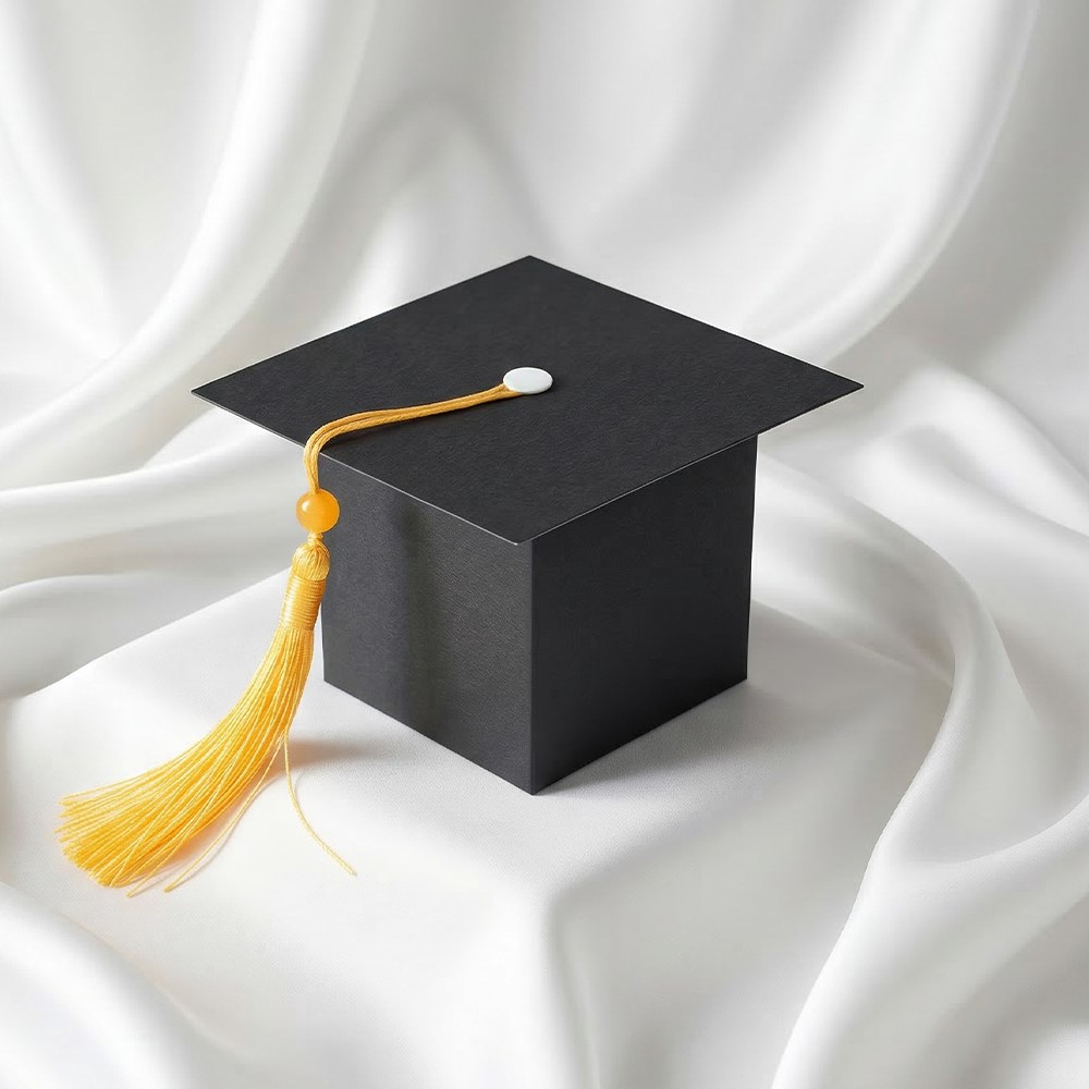 cutiuta cadou pentru absolvire cu bombonica de gradina si cutie in forma de toca