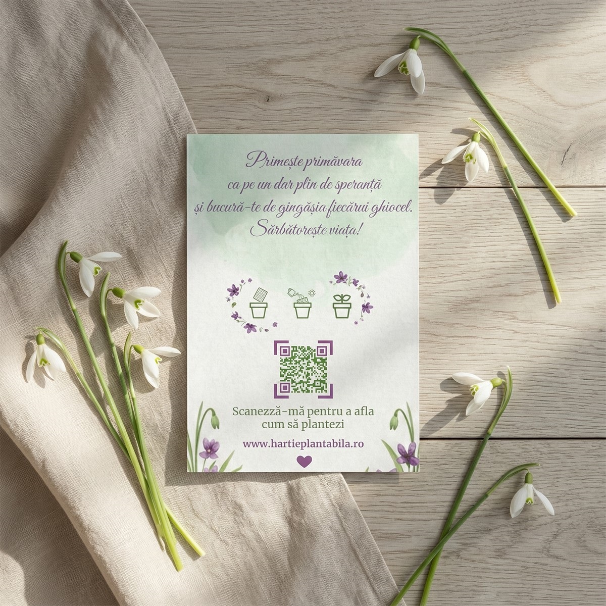 Cartonas cu mesajul Primeste primavara ca pe un dar plin de speranta si instructiuni de plantare