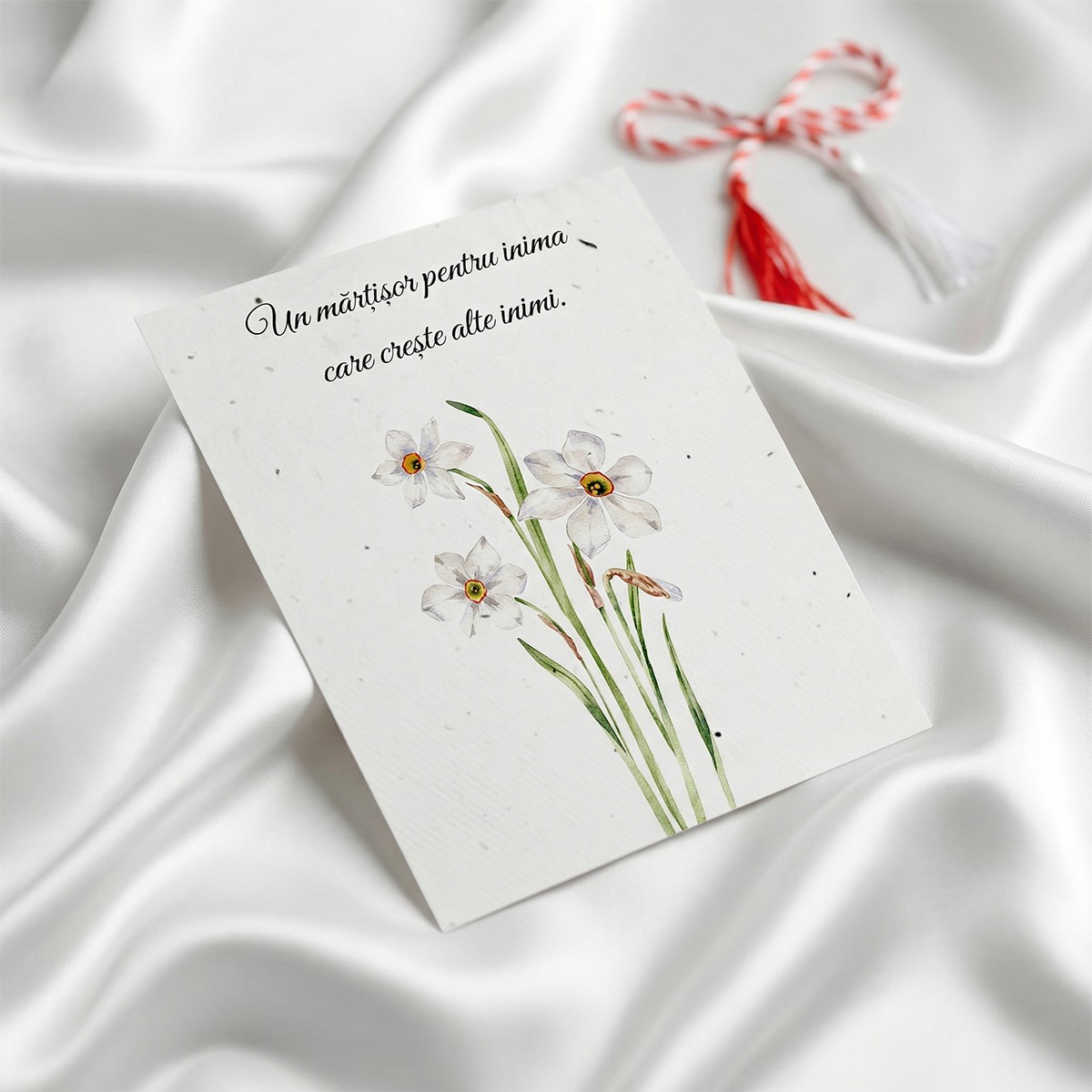Felicitare eco cu narcise albe si mesaj pentru educatori ambalata in vellum