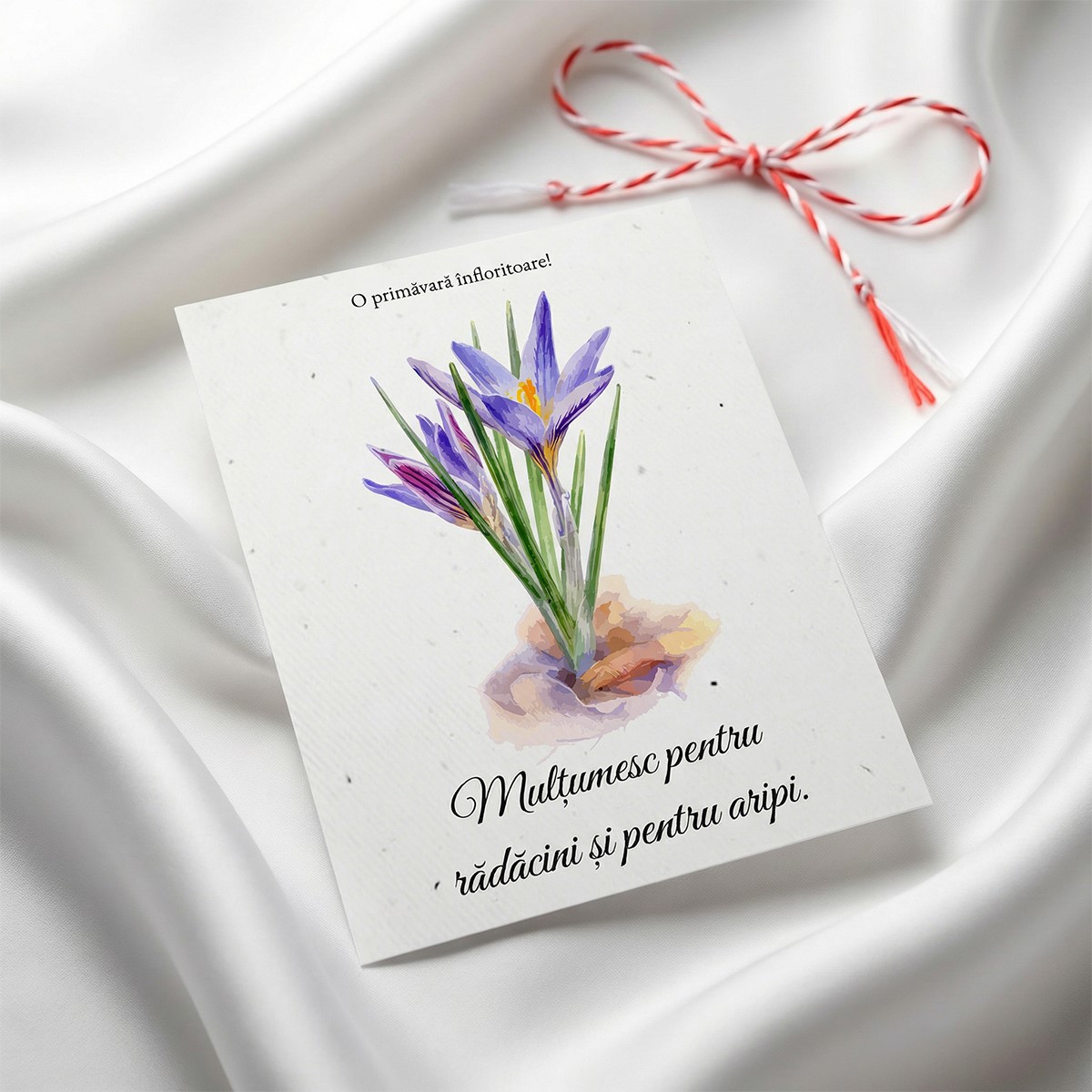 Felicitare eco cu branduse violet si mesaj despre radacini si aripi ambalata in vellum