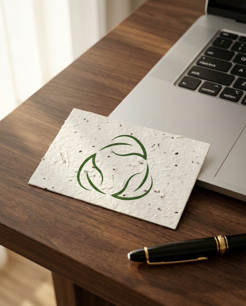 O carte de vizita plantabila care se sprijina de un laptop pe un birou