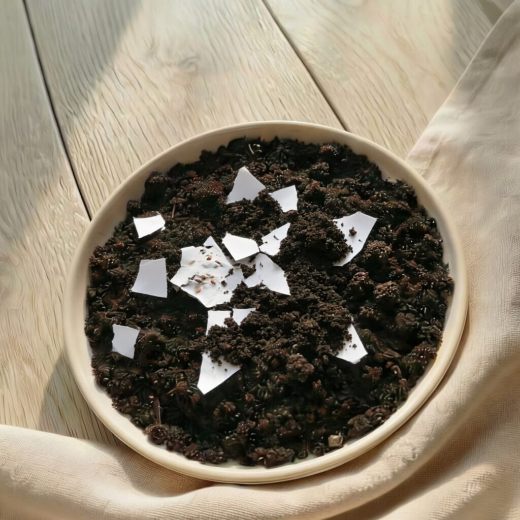 Un ghiveci cu bucati de hartie plantabila puse pe pamant