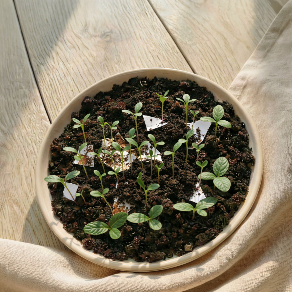 ghiveci cu pamant din care au crescut plantute din hartia plantabila dupa 7-10 zile