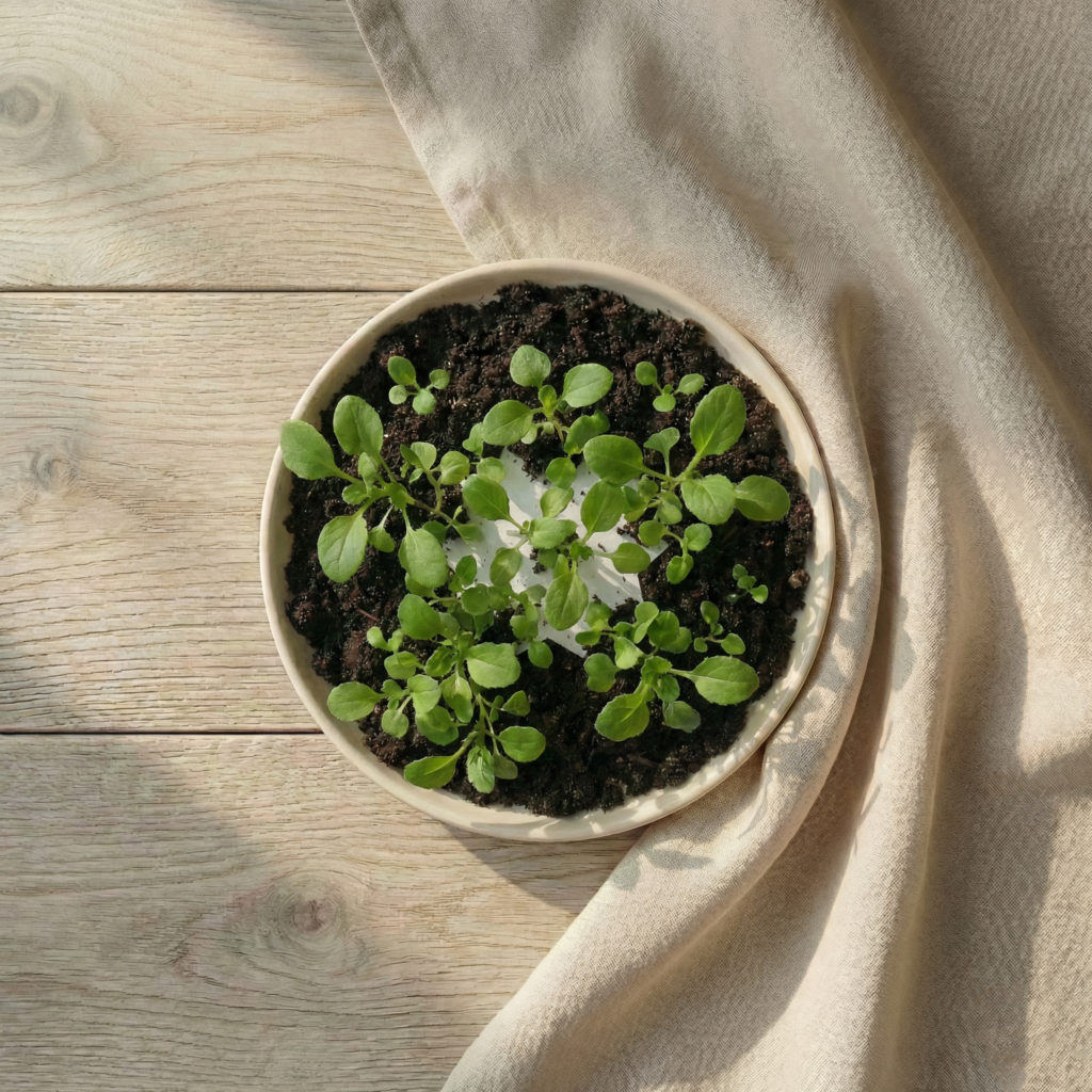 O imagine cu un ghiveci cu o figurina plantabila in forma de stea in proces de crestere