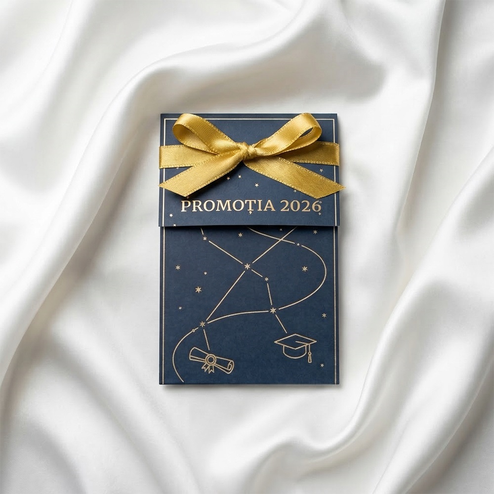 Cadou absolvire handmade Constelația Succesului, cu design astral și fundă aurie.