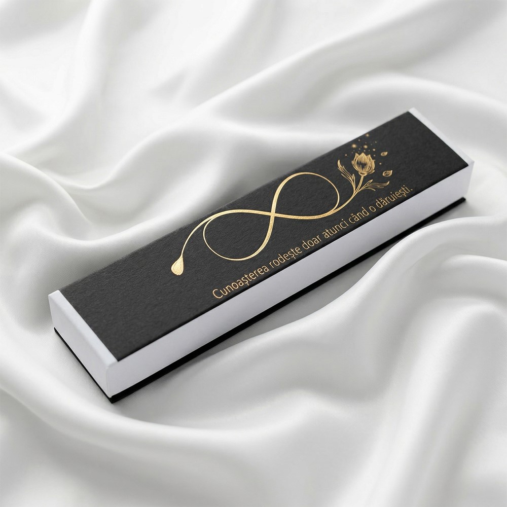 Set premium Impact Infinit - cutie handmade neagră cu design auriu și simbolul infinitului.