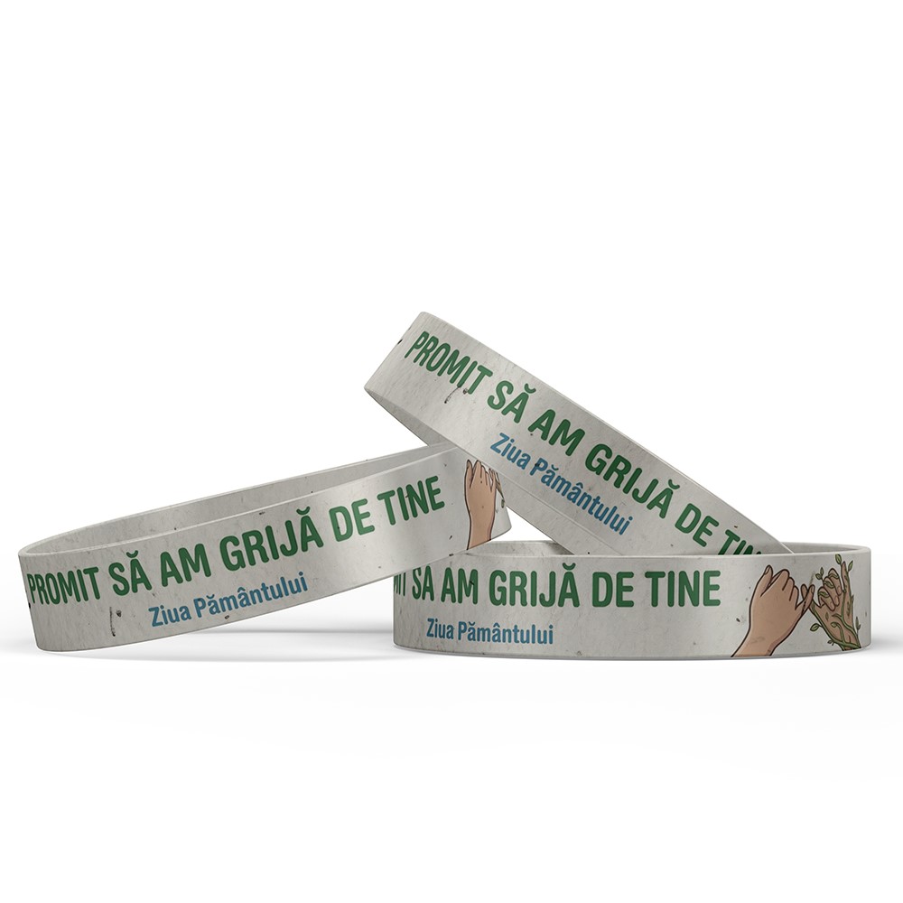 Brățară plantabilă Ziua Pământului lucrata manual din hartie plantabila si mix de seminte de flori, care se planteaza.