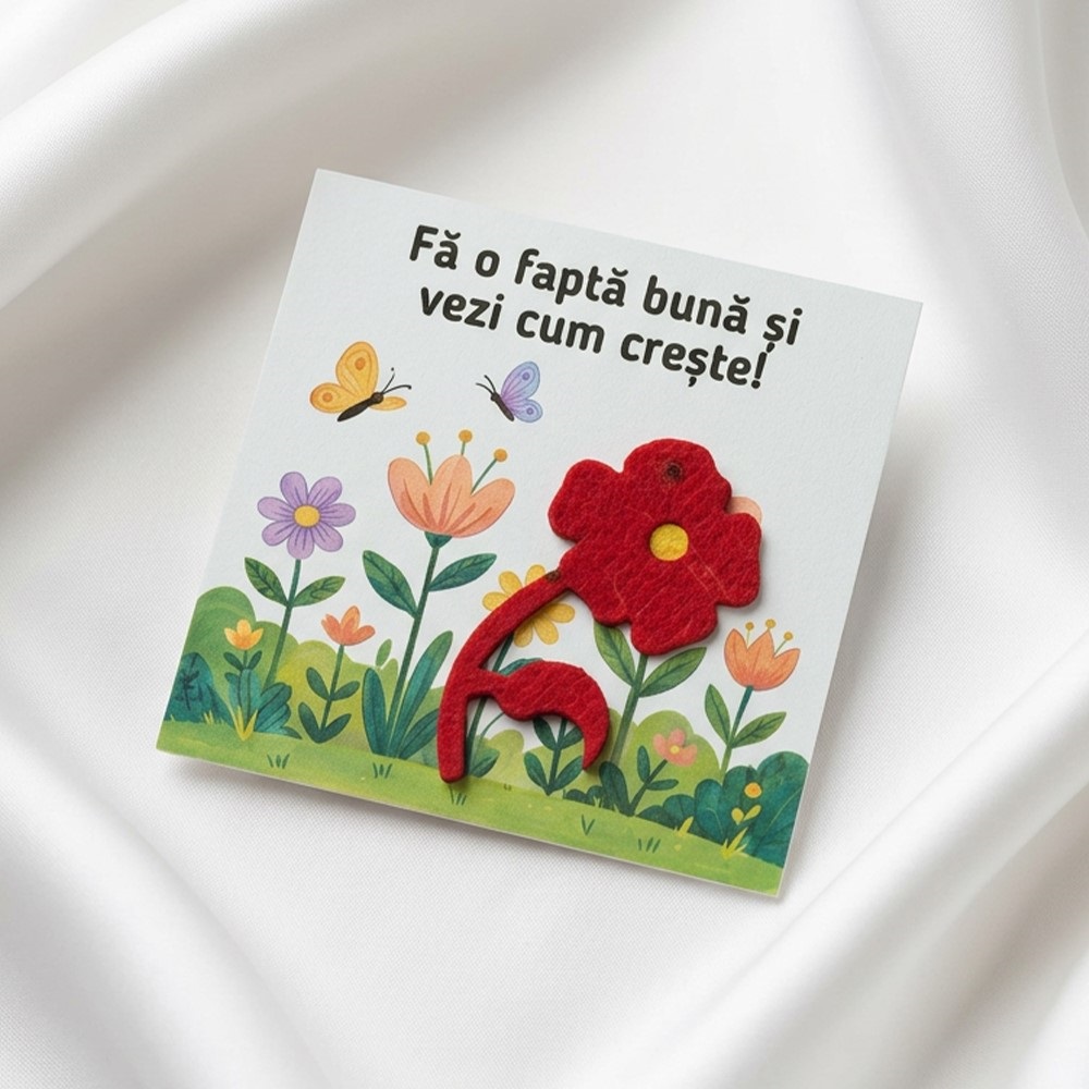 Cartonaș educativ Micul Ecologist cu o floare roșie din hârtie plantabilă detașabilă.