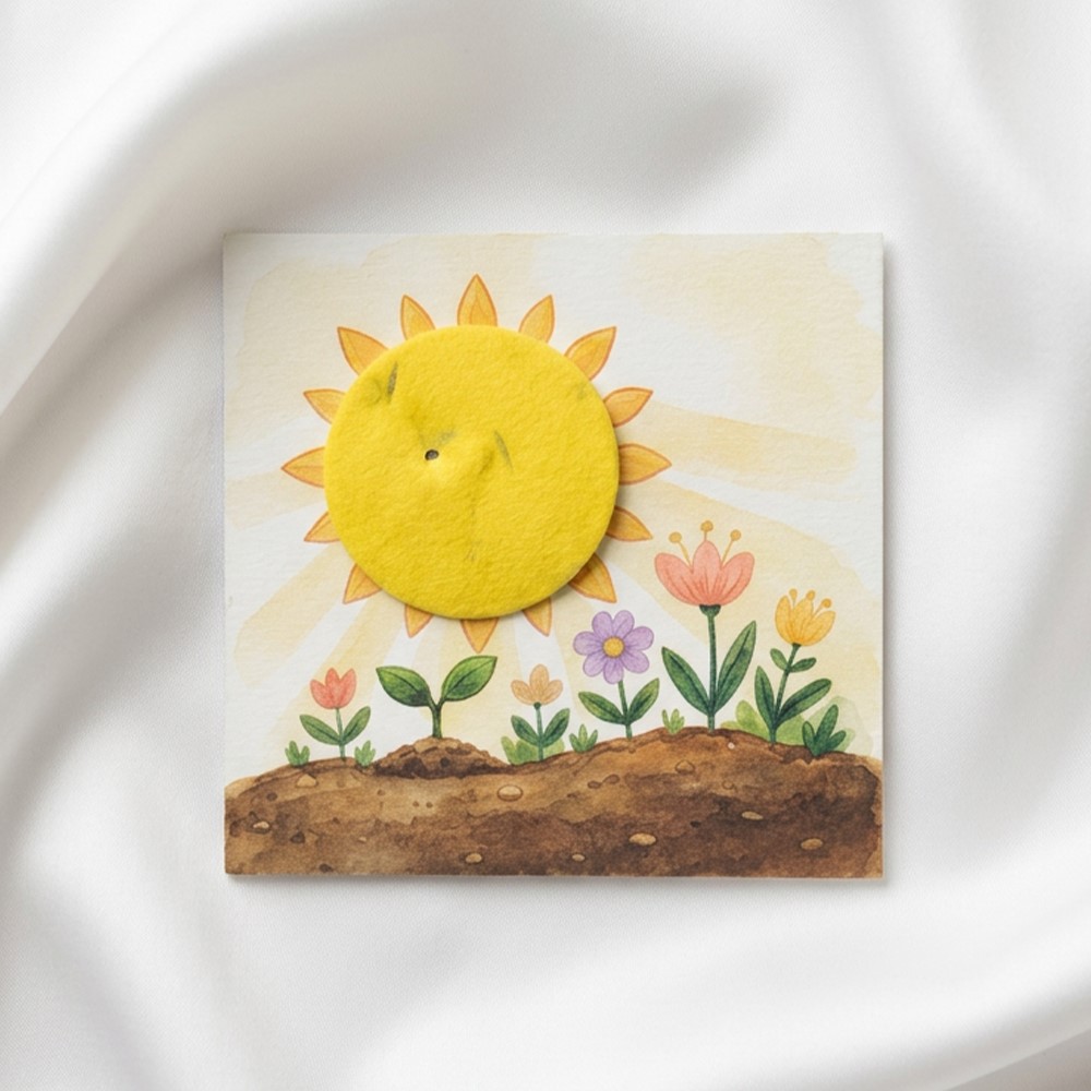 Cartonaș Micul Grădinar cu figurină sub formă de soare galben din hârtie plantabilă.