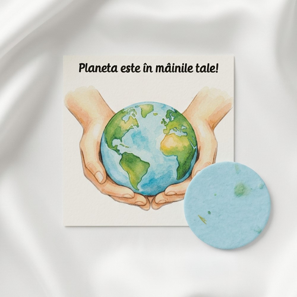 Cartonaș cu Planeta albastră plantabilă detaliu figurina cerc cu seminte de flori