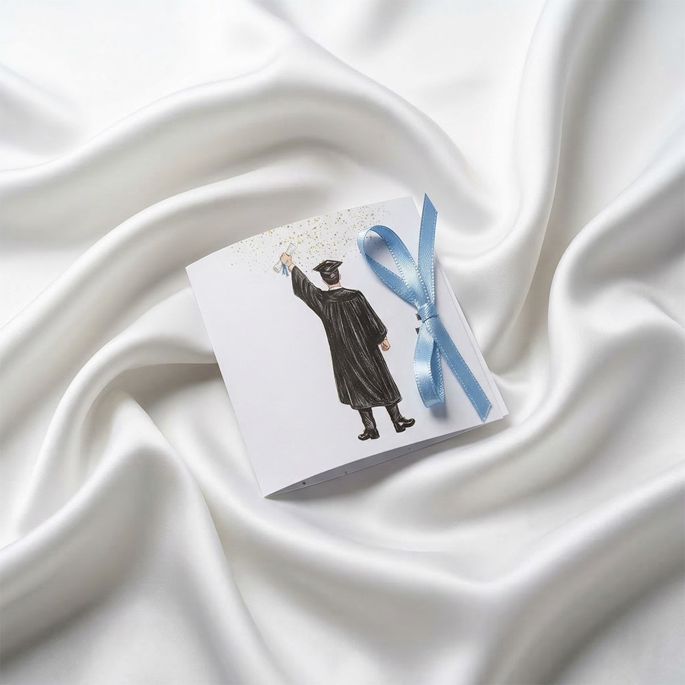 Cărticică cadou absolvire băieți cu panglică bleu și ilustrație absolvent.
